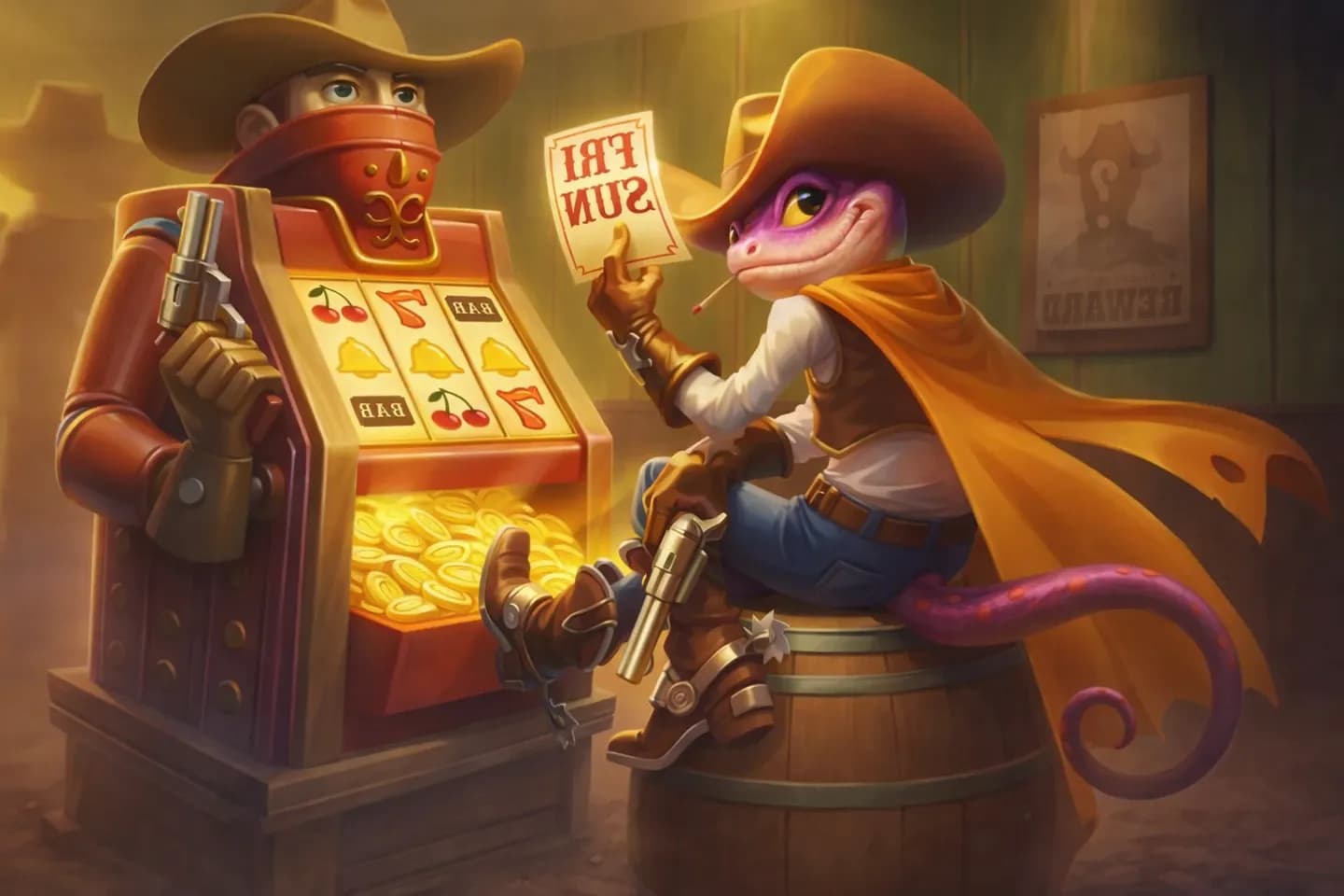 Lizaro-cowboy met een prijzenposter naast een gokkast
